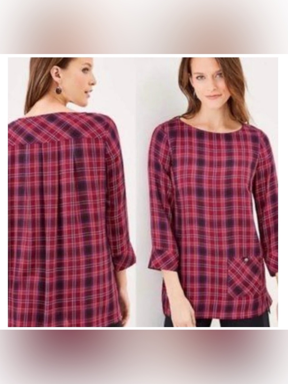J. Jill women’s small checkered burgundy 3/4 sleeve tunic
